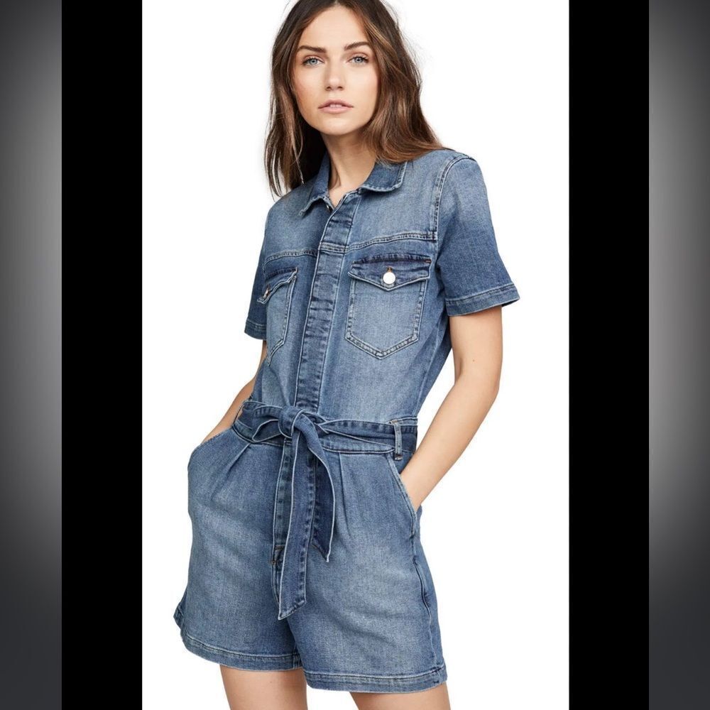 NWT FRAME Denim Romper in Maxson Pleated Belted Denim Jean Short Coverall large